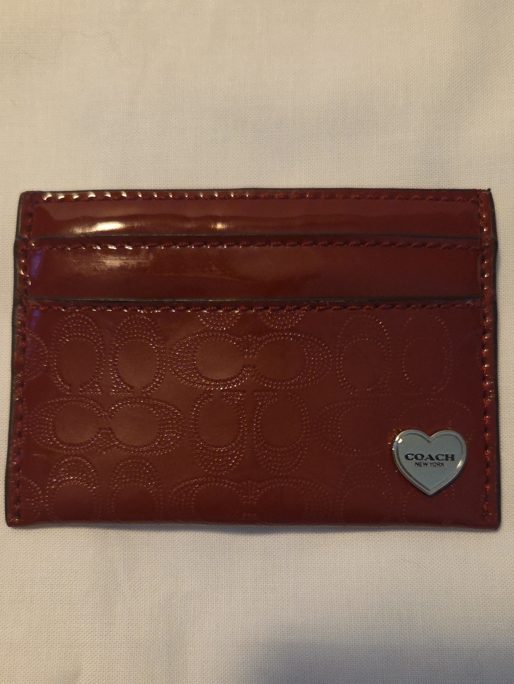 Coach Signature Burgundy Patent Card Holder with Heart Logo